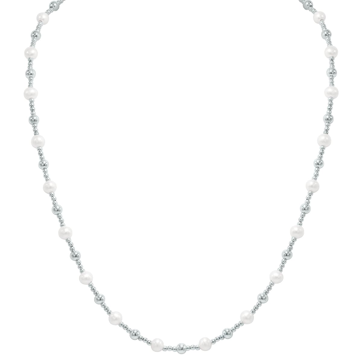 Silver Polished Pearl Beaded Chain with Lobster Clasp - 18 Inch