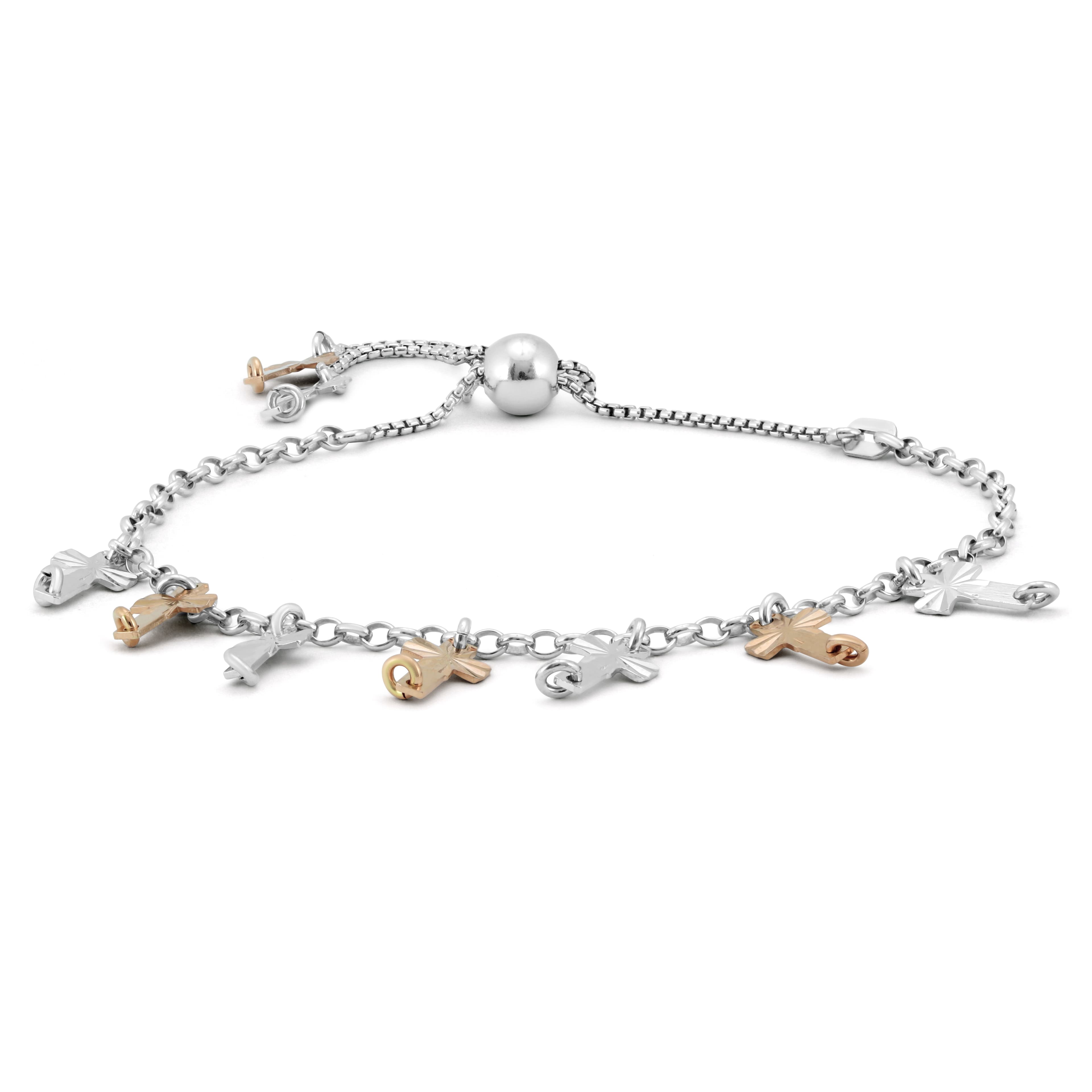 Two Tone Cross Charm Bolo Bracelet in.925 Sterling Silver