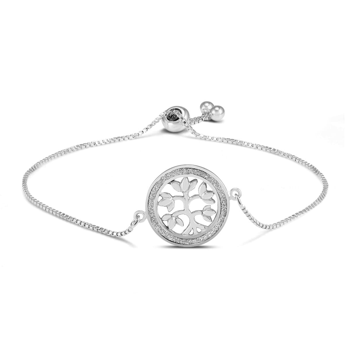 Tree of Life Glitter Sparkle Bead Bolo Bracelet in.925 Sterling Silver