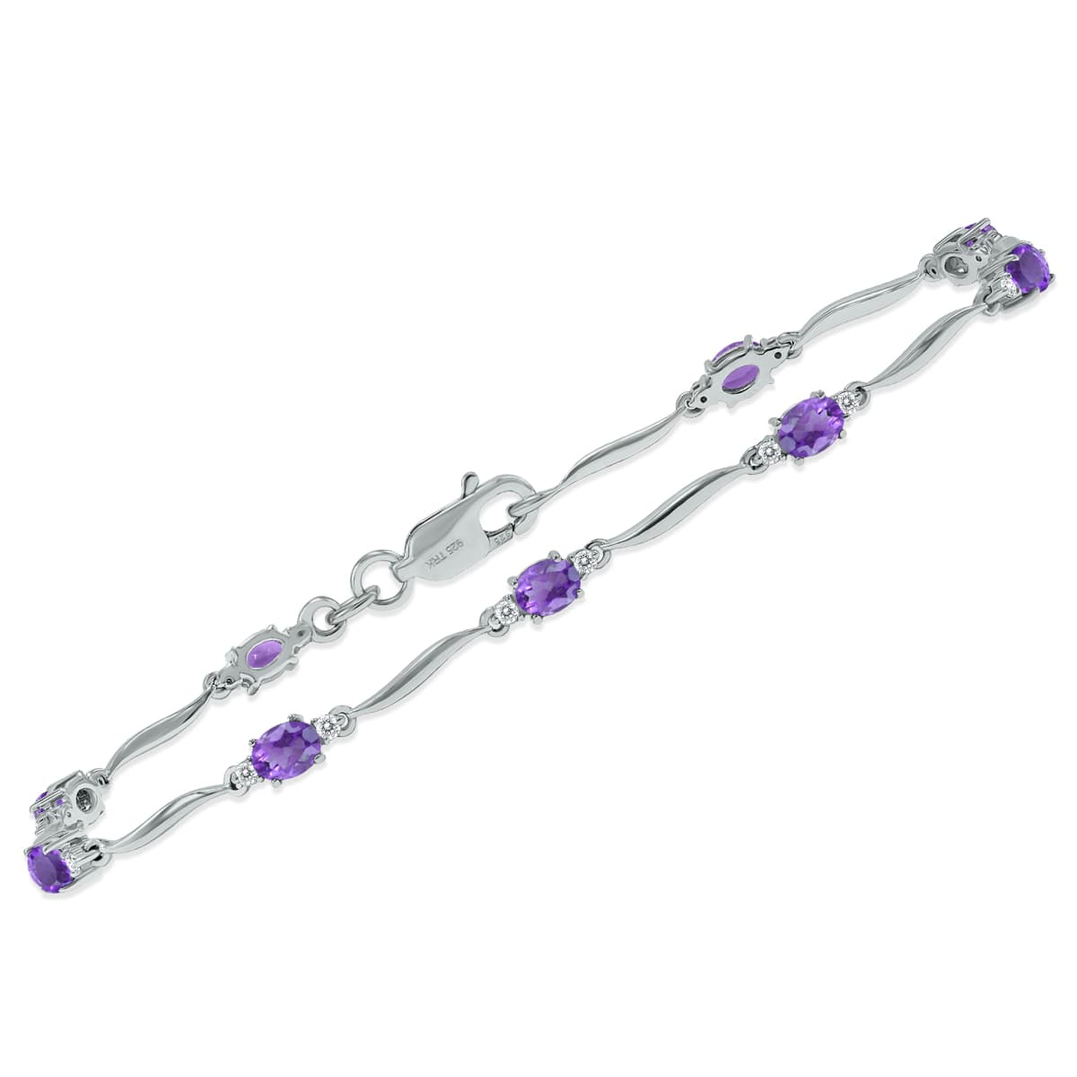 Amethyst and Diamond Wave Link Bracelet in.925 Sterling Silver