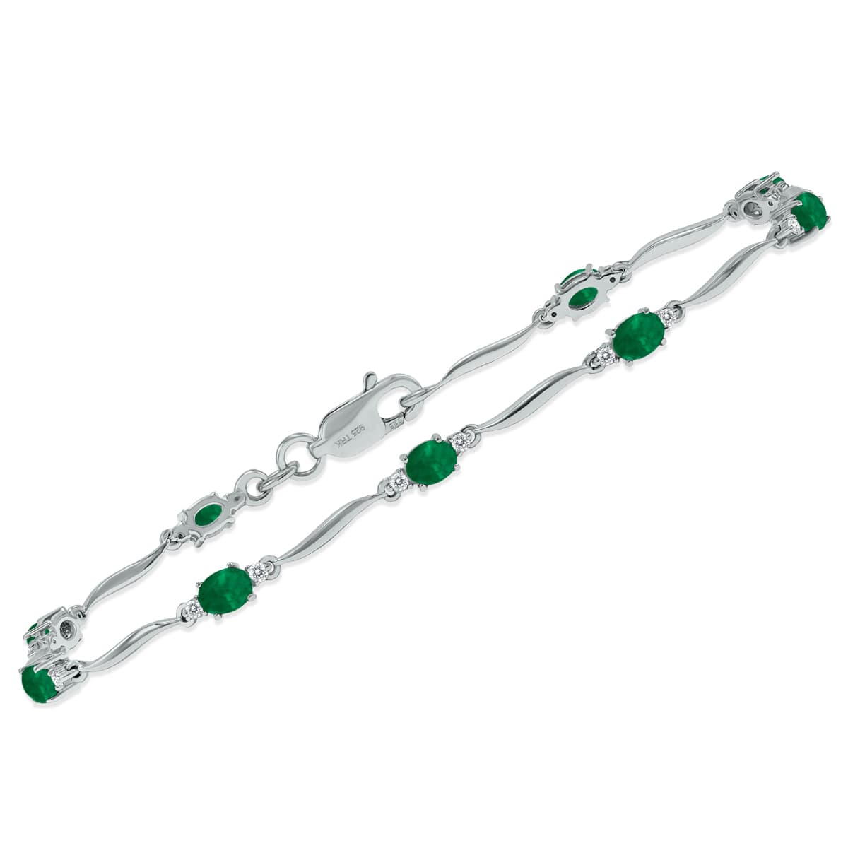 Emerald and Diamond Wave Link Bracelet in.925 Sterling Silver