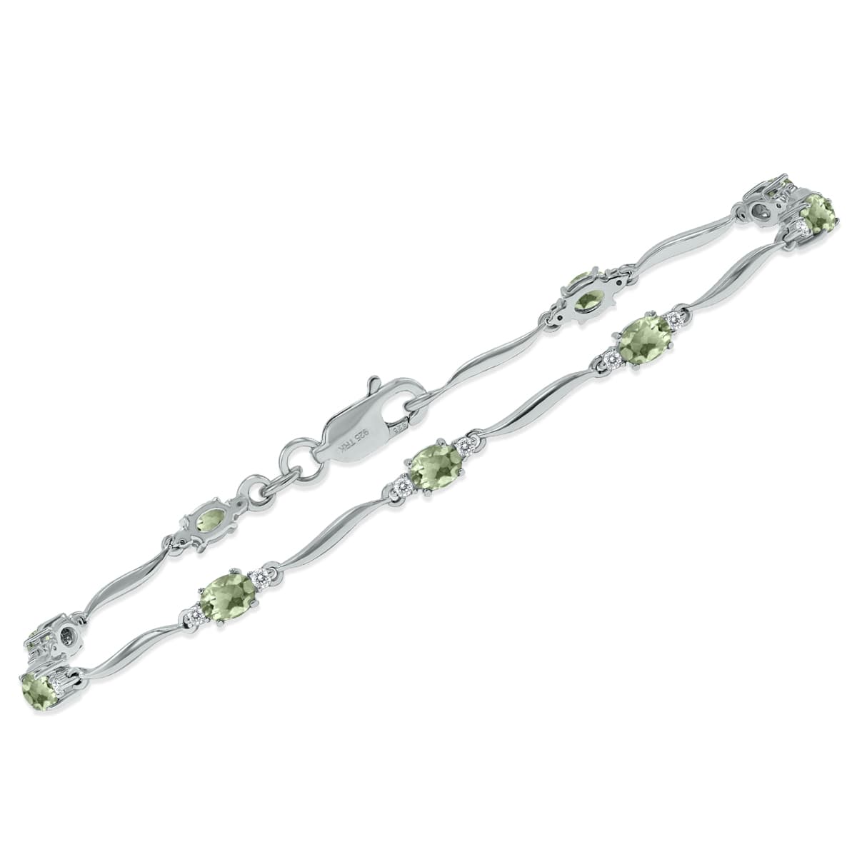 Green Amethyst and Diamond Wave Link Bracelet in.925 Sterling Silver