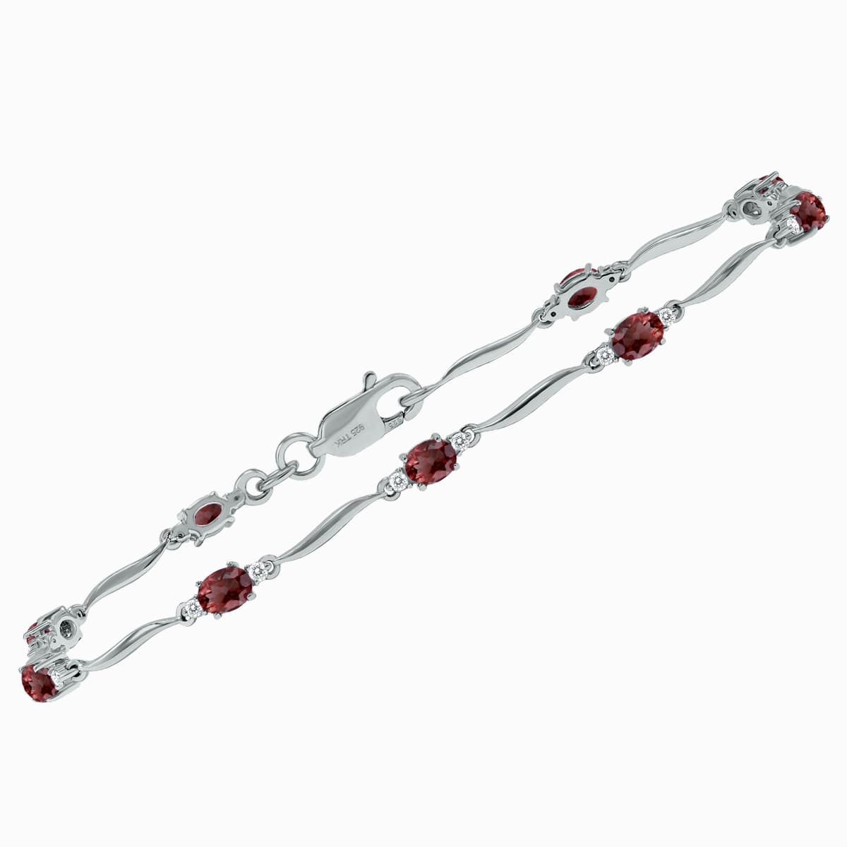 Garnet and Diamond Wave Link Bracelet in.925 Sterling Silver