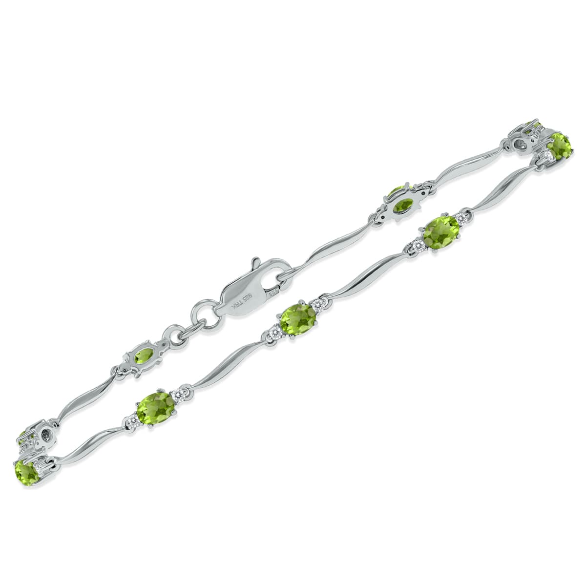 Peridot and Diamond Wave Link Bracelet in.925 Sterling Silver