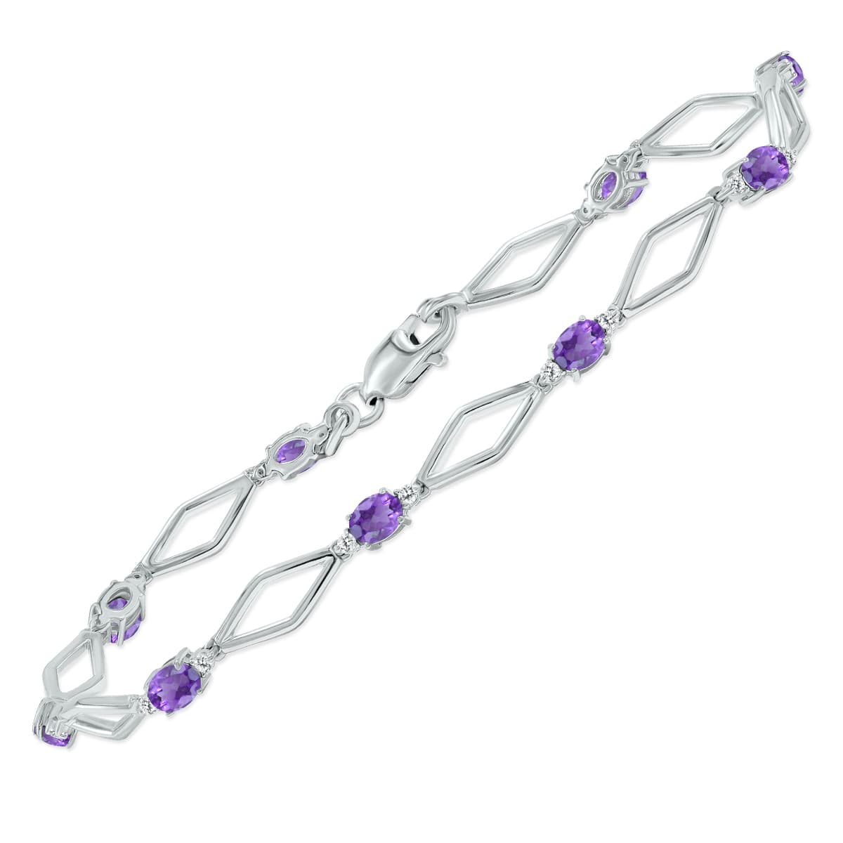 Amethyst and Natural Diamond Star Link Bracelet in.925 Sterling Silver