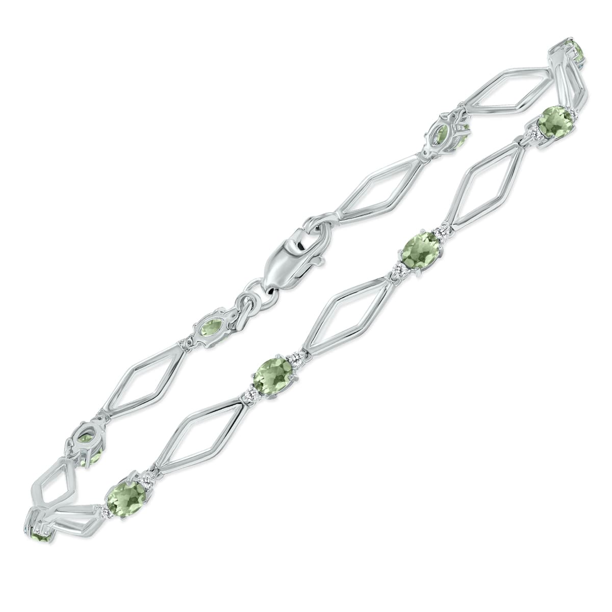Green Amethyst and Natural Diamond Star Link Bracelet in.925 Sterling Silver