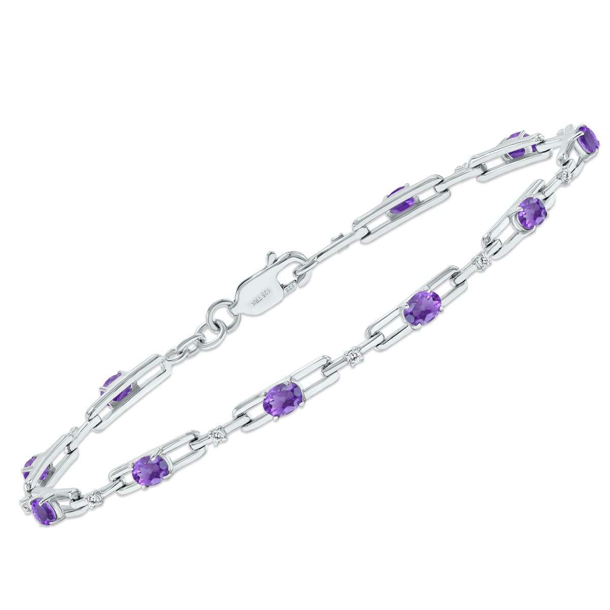 Amethyst and Natural Diamond Double Bar Link Bracelet in.925 Sterling Silver
