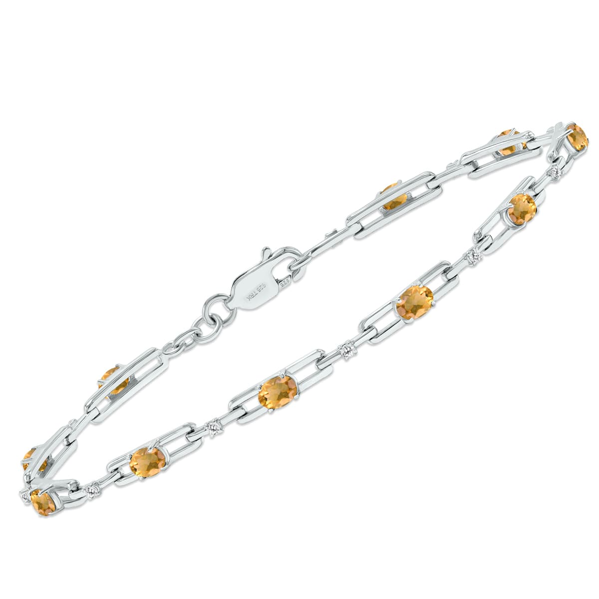 Citrine and Natural Diamond Double Bar Link Bracelet in.925 Sterling Silver