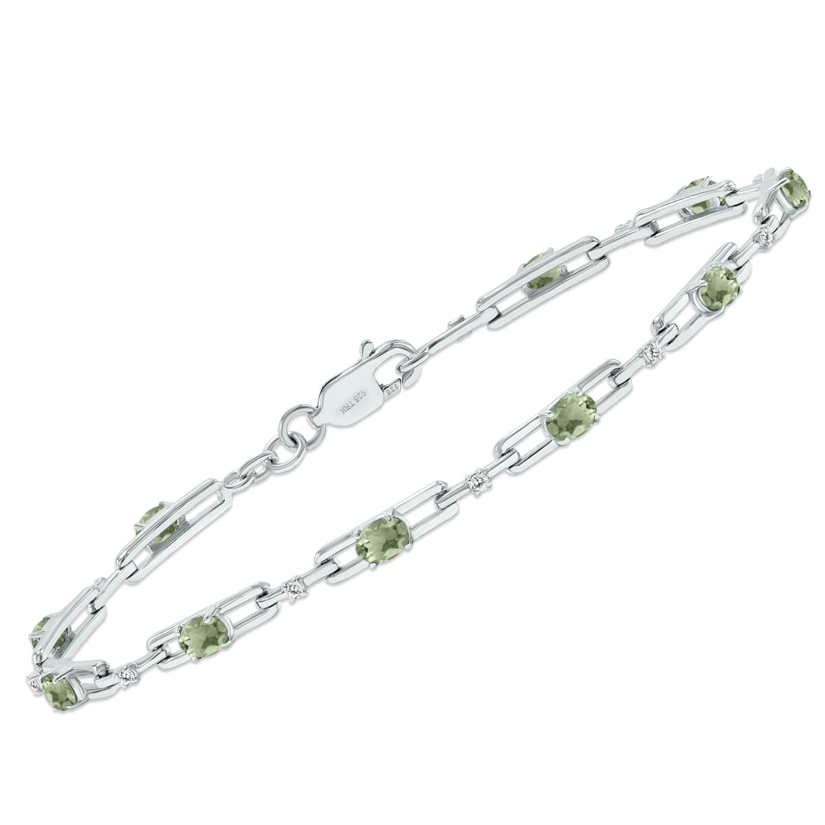 Green Amethyst and Natural Diamond Double Bar Link Bracelet in.925 Sterling Silver