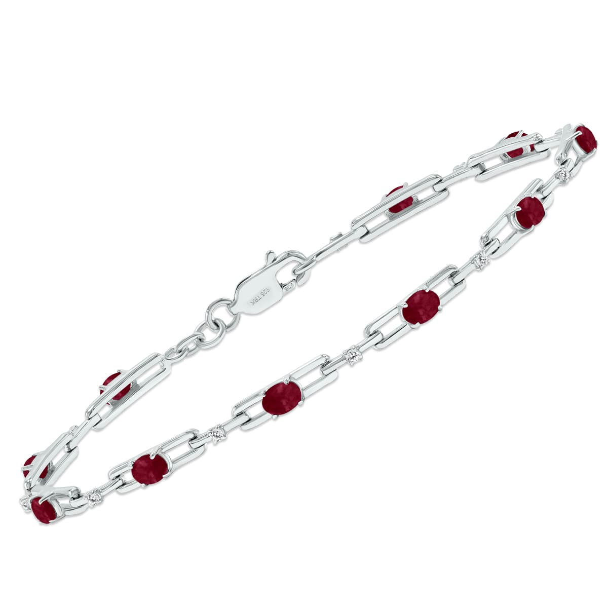 Ruby and Natural Diamond Double Bar Link Bracelet in.925 Sterling Silver