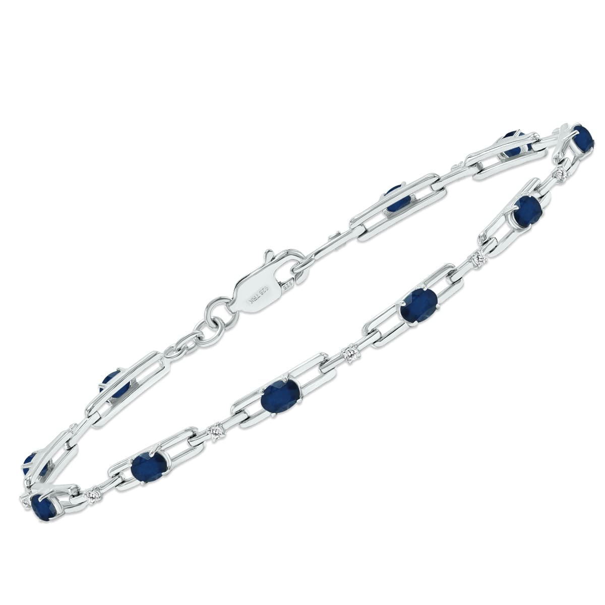 Sapphire and Natural Diamond Double Bar Link Bracelet in.925 Sterling Silver