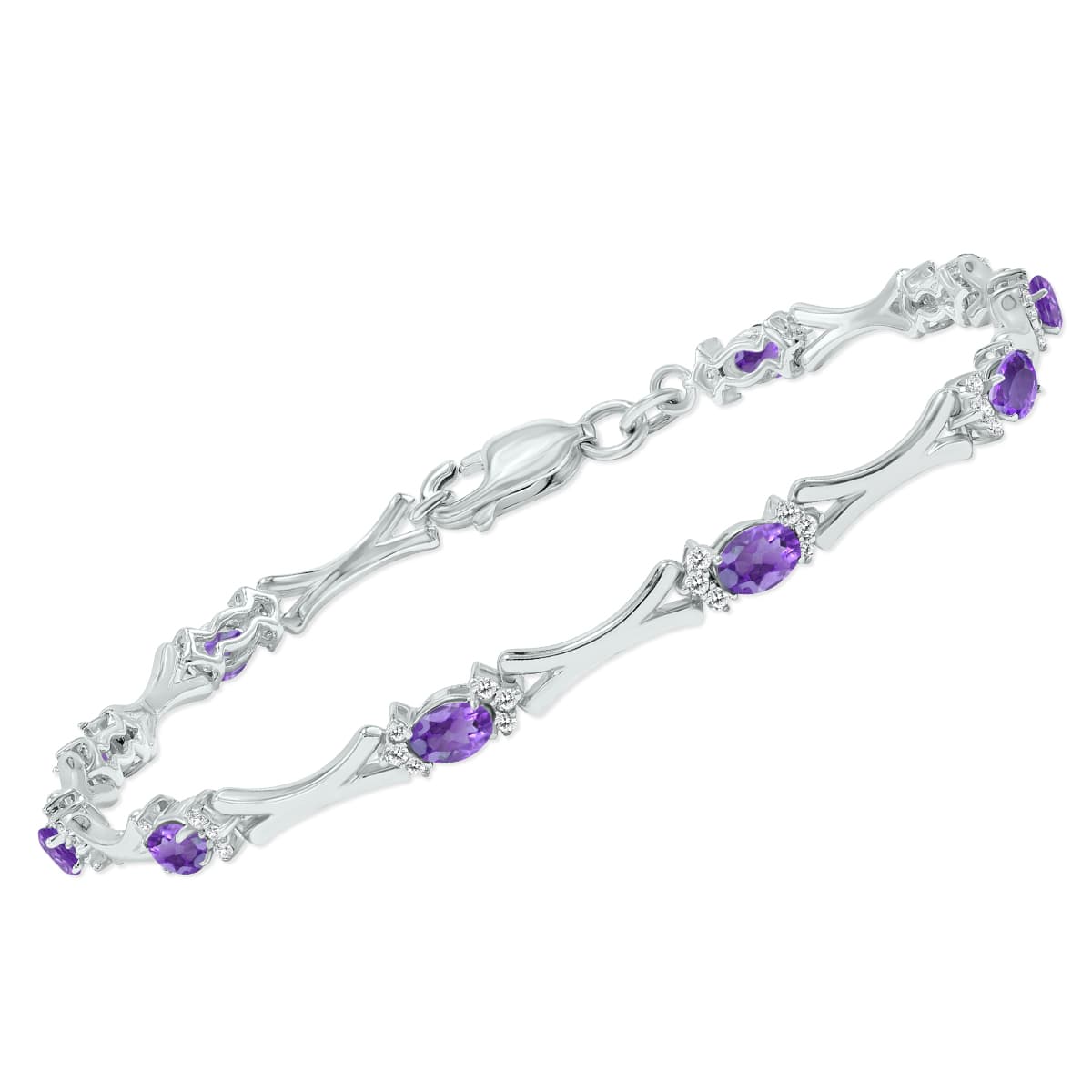 Amethyst and Natural Diamond Sculpted X Link Bracelet in.925 Sterling Silver