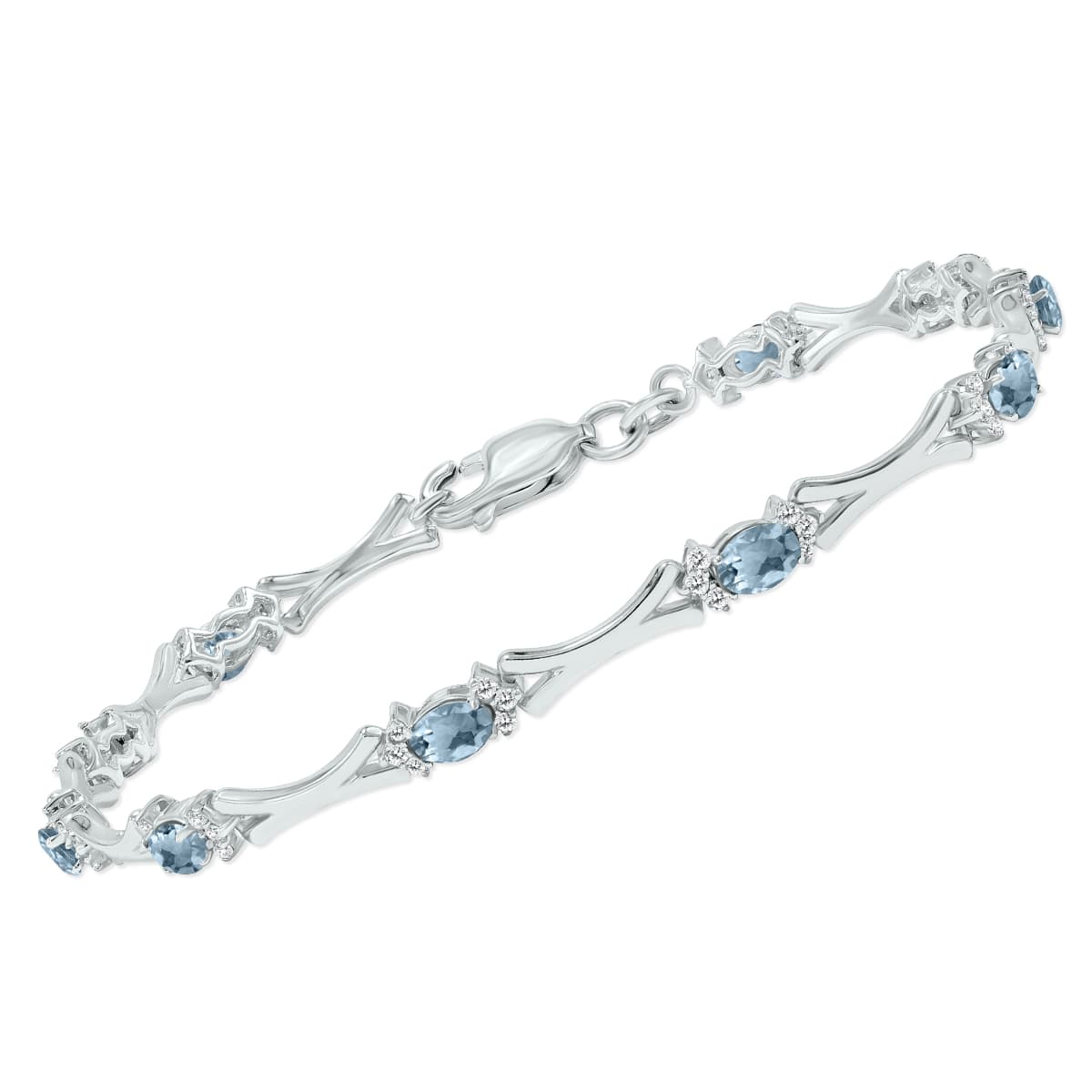 Aquamarine and Natural Diamond Sculpted X Link Bracelet in.925 Sterling Silver