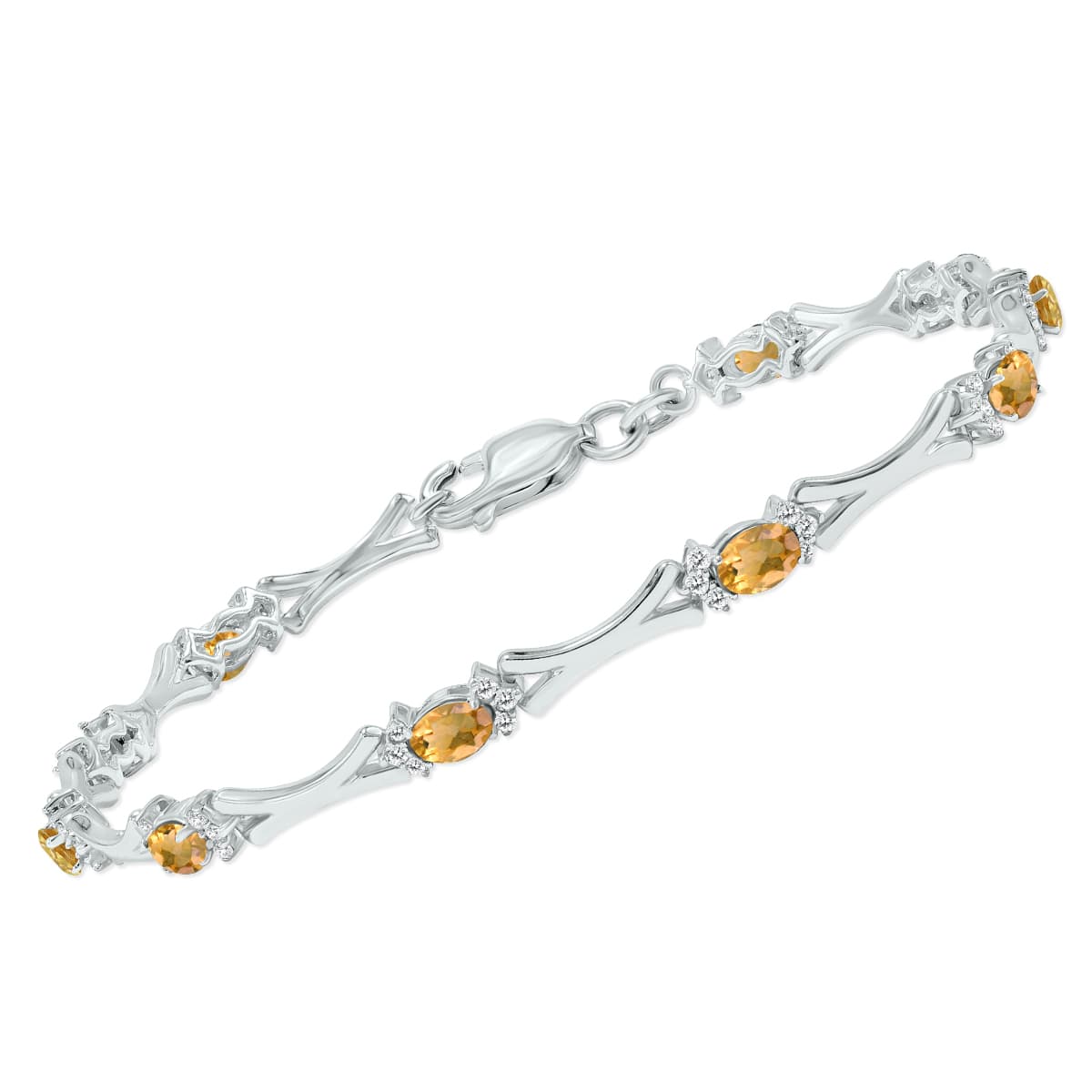 Citrine and Natural Diamond Sculpted X Link Bracelet in.925 Sterling Silver