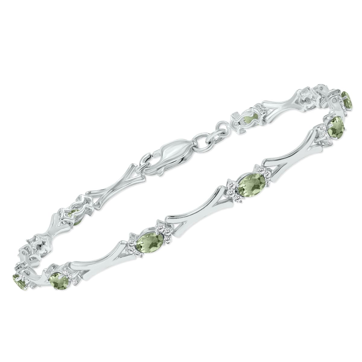 Green Amethyst and Natural Diamond Sculpted X Link Bracelet in.925 Sterling Silver