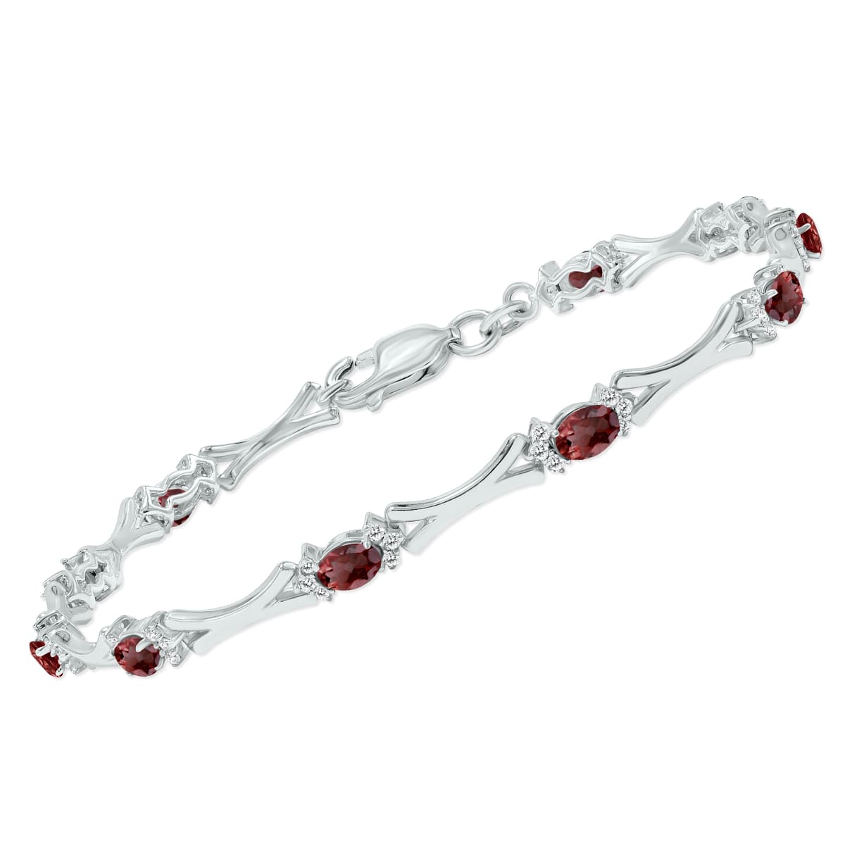 Garnet and Natural Diamond Sculpted X Link Bracelet in.925 Sterling Silver