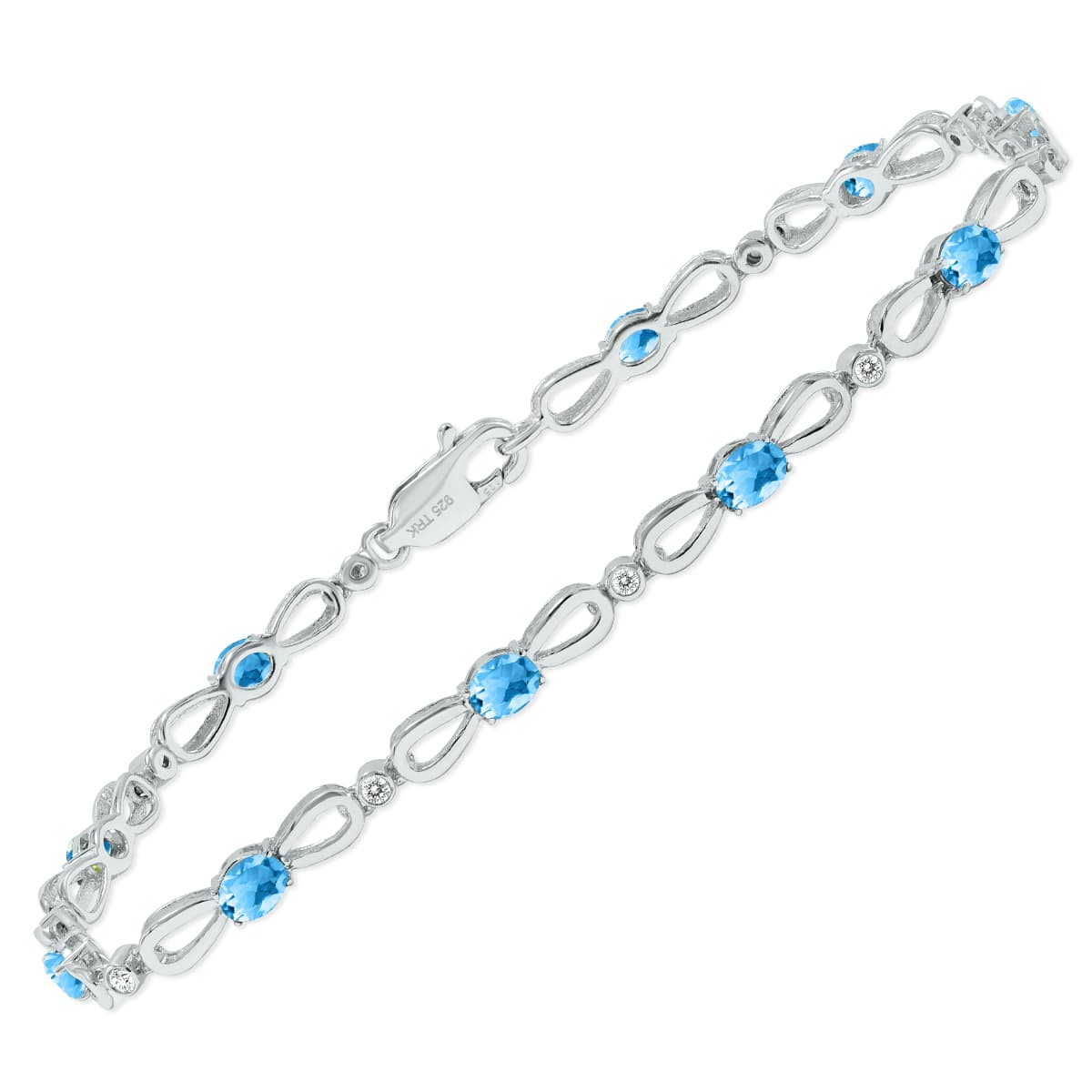 Blue Topaz and Natural Diamond Ribbon Loop Bracelet in.925 Sterling Silver