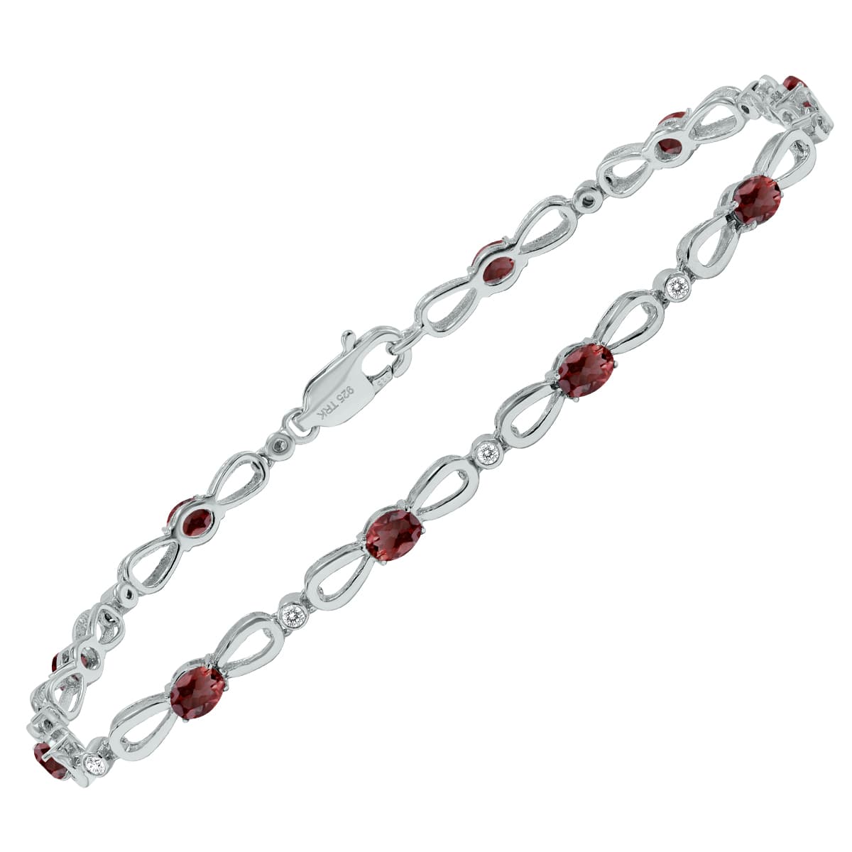 Garnet and Natural Diamond Ribbon Loop Bracelet in.925 Sterling Silver