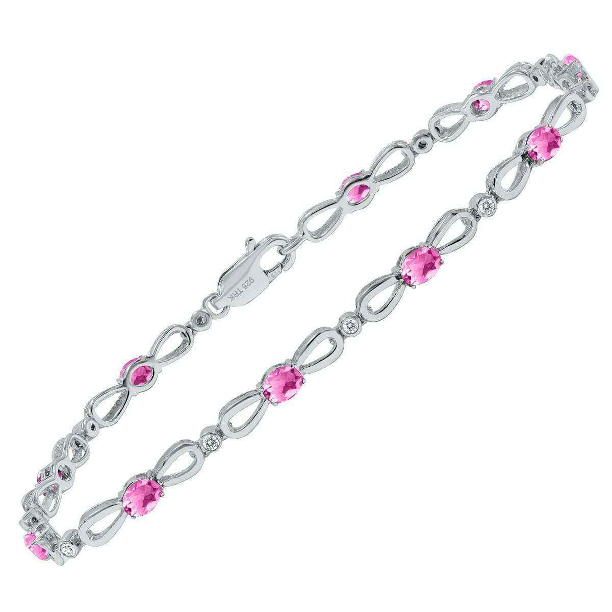 Pink Topaz and Natural Diamond Ribbon Loop Bracelet in.925 Sterling Silver