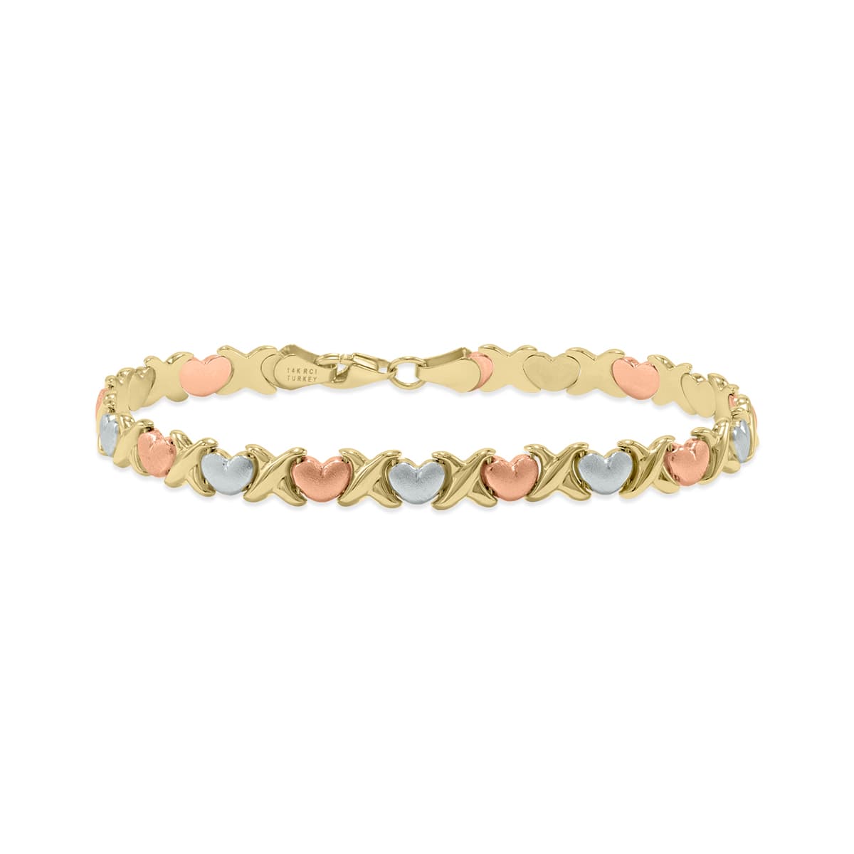 14K Tri-color Gold X & O Heart Stampato Bracelet