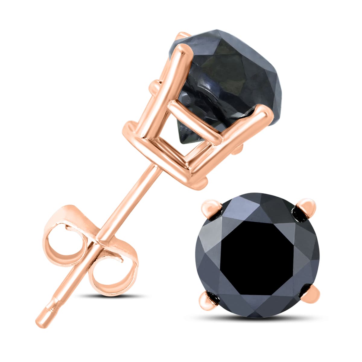 2 Carat TW Round Black Diamond Solitaire Stud Earrings in 10K Rose Gold