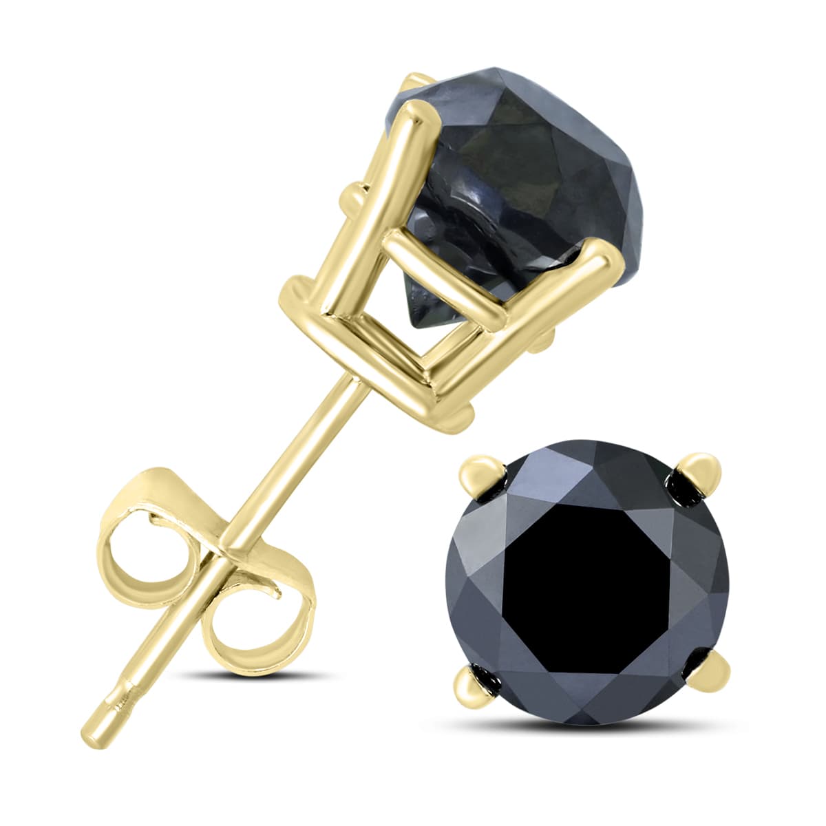 2 Carat TW Round Black Diamond Solitaire Stud Earrings in 10K Yellow Gold