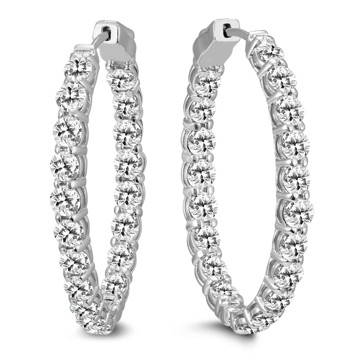 7 Carat TW Oval Diamond Hoop Earrings with Push Button Locks in 14K White Gold
