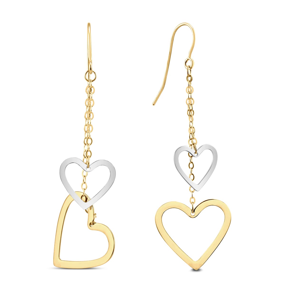 Double Heart Dangle Drop Earrings in 10K Two Tone Gold
