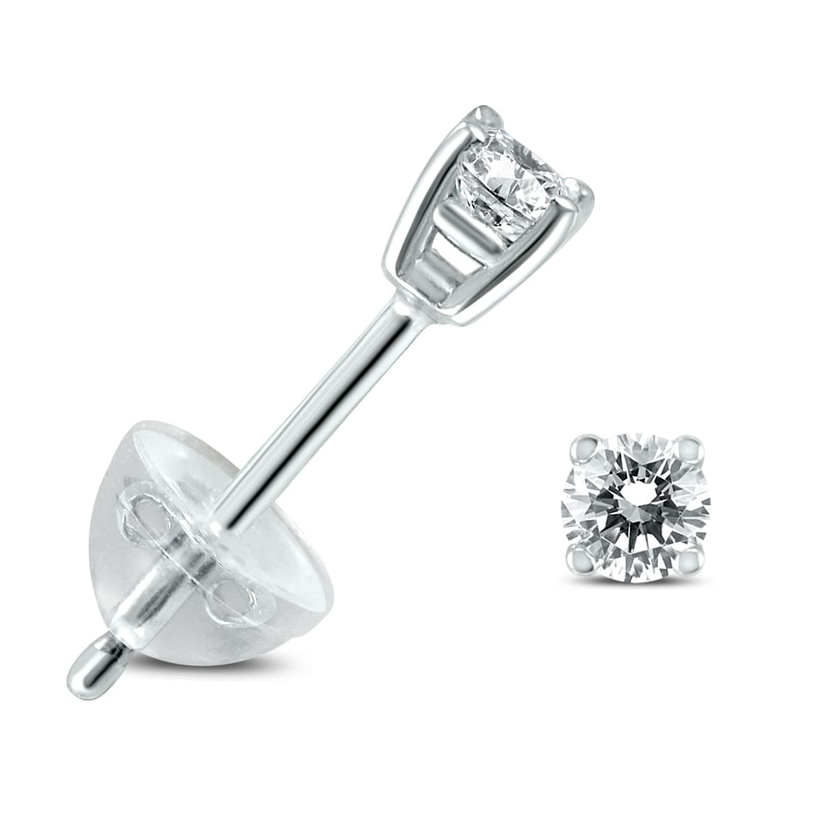 .10CTW Round Diamond Solitaire Stud Earrings In 14k White Gold with Silicon Backs