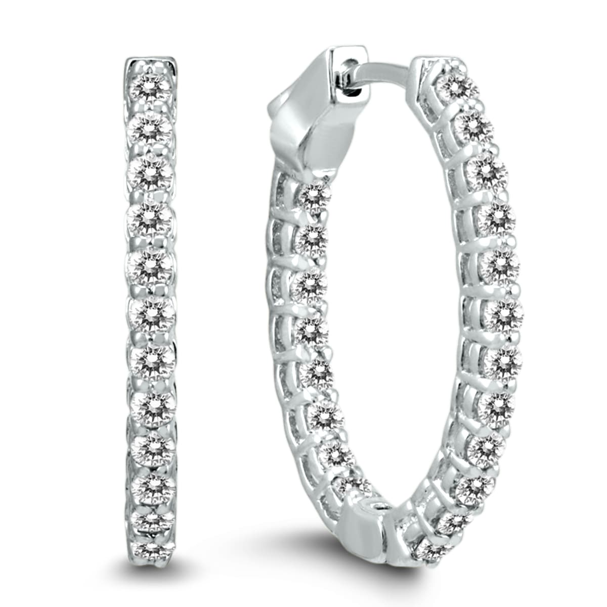 1 Carat TW Oval Diamond Hoop Earrings with Push Button Locks in 14K White Gold