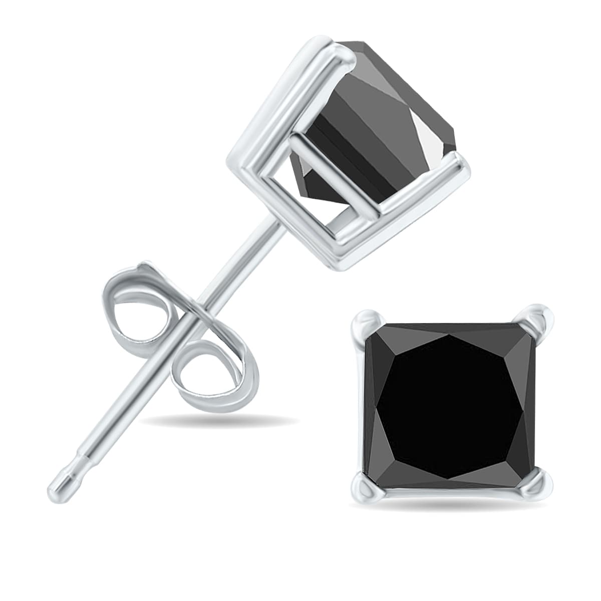 1 1/2 Carat TW Black Diamond Princess Cut Solitaire Stud Earrings in 10K White Gold