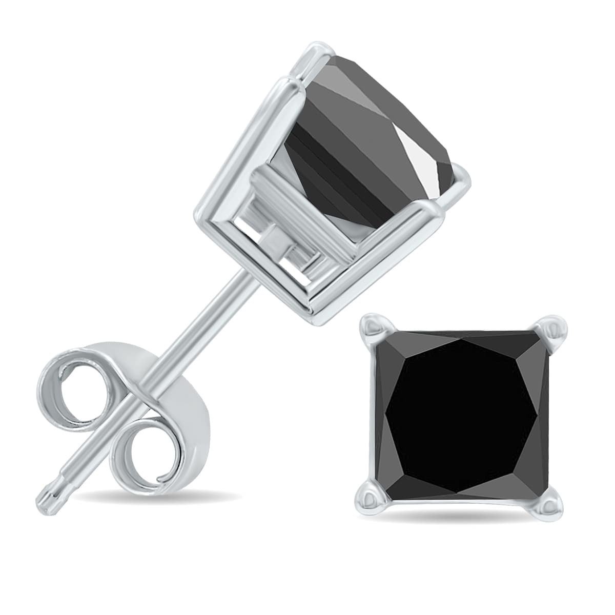 2 Carat TW Black Diamond Princess Cut Solitaire Stud Earrings in 10K White Gold