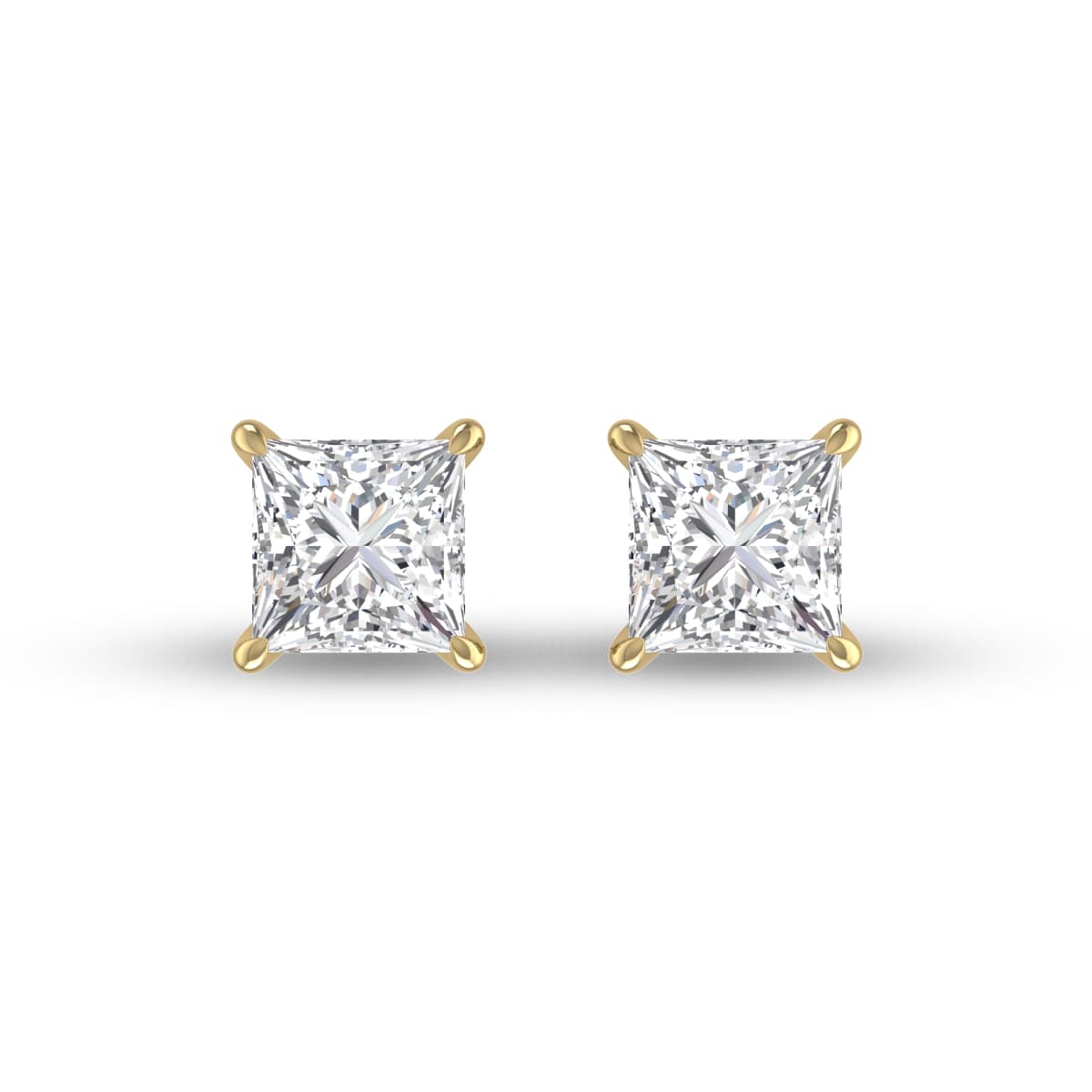 Lab Grown 1 Carat Princess Cut Solitaire Diamond Earrings in 14K Yellow Gold