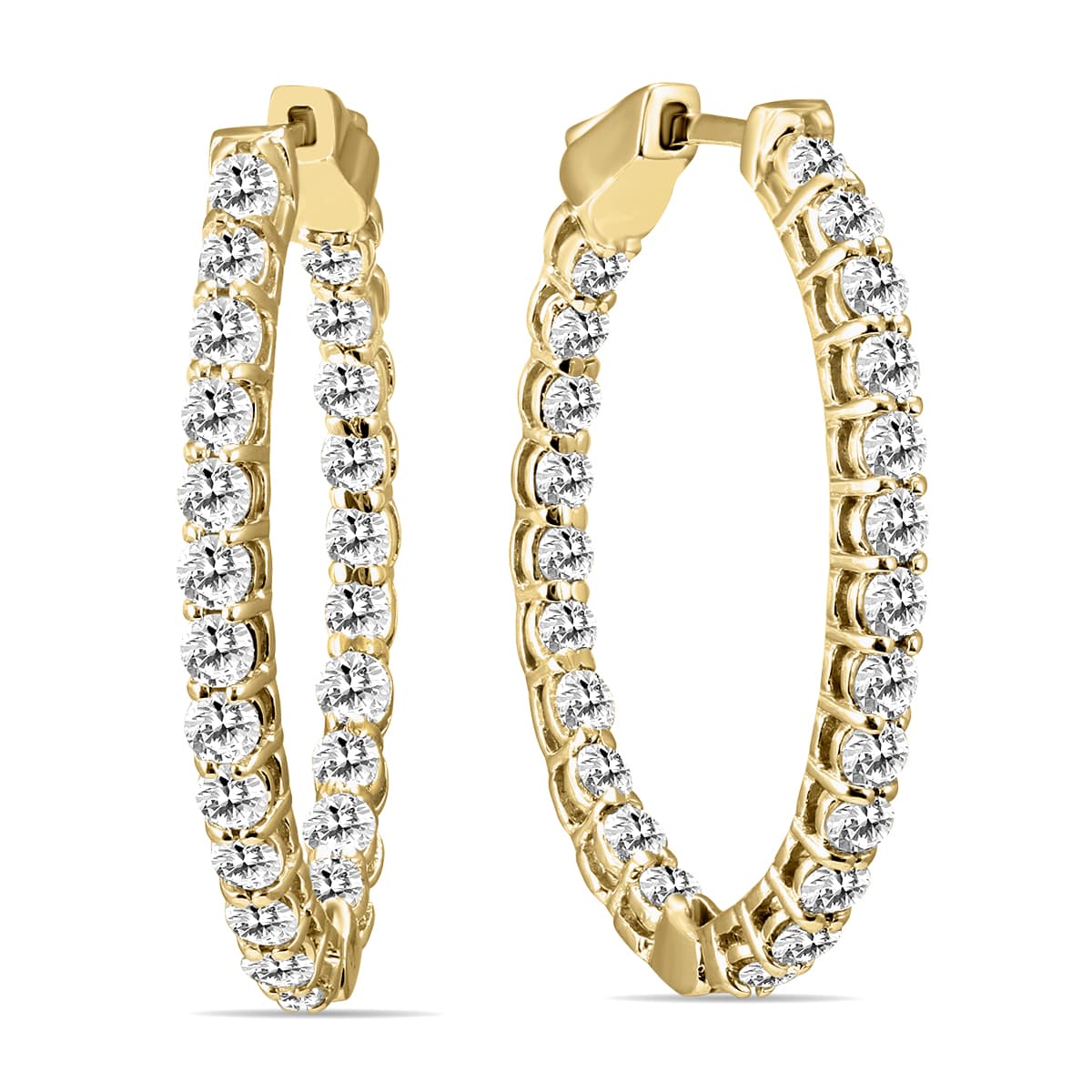 2 Carat TW Oval Diamond Hoop Earrings with Push Button Locks in 14K Yellow Gold