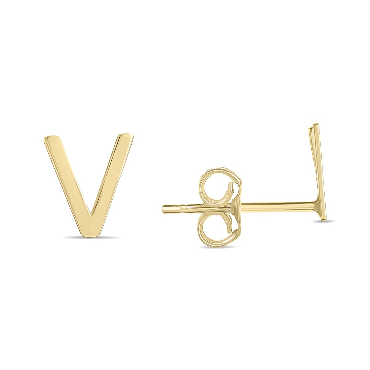 14K Solid Yellow Gold Initial V Stud Earrings