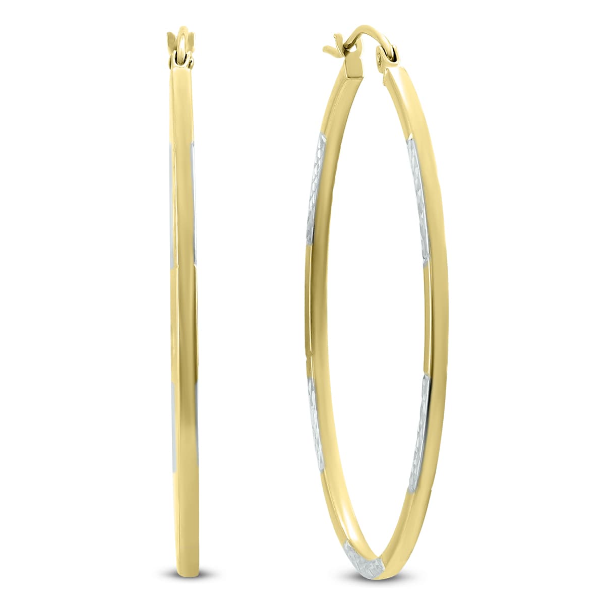 14K Yellow Gold Two Toned Hoop Earrings with Diamond Cut Rhodium Accents (42mm)