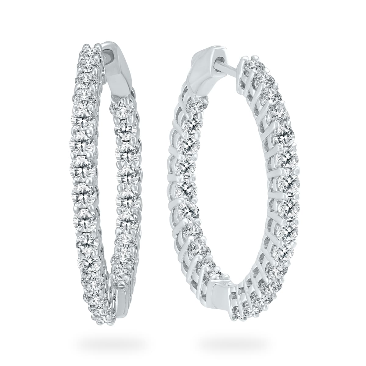 3 Carat TW Round Diamond Hoop Earrings with Push Down Button Lock in 14K White Gold