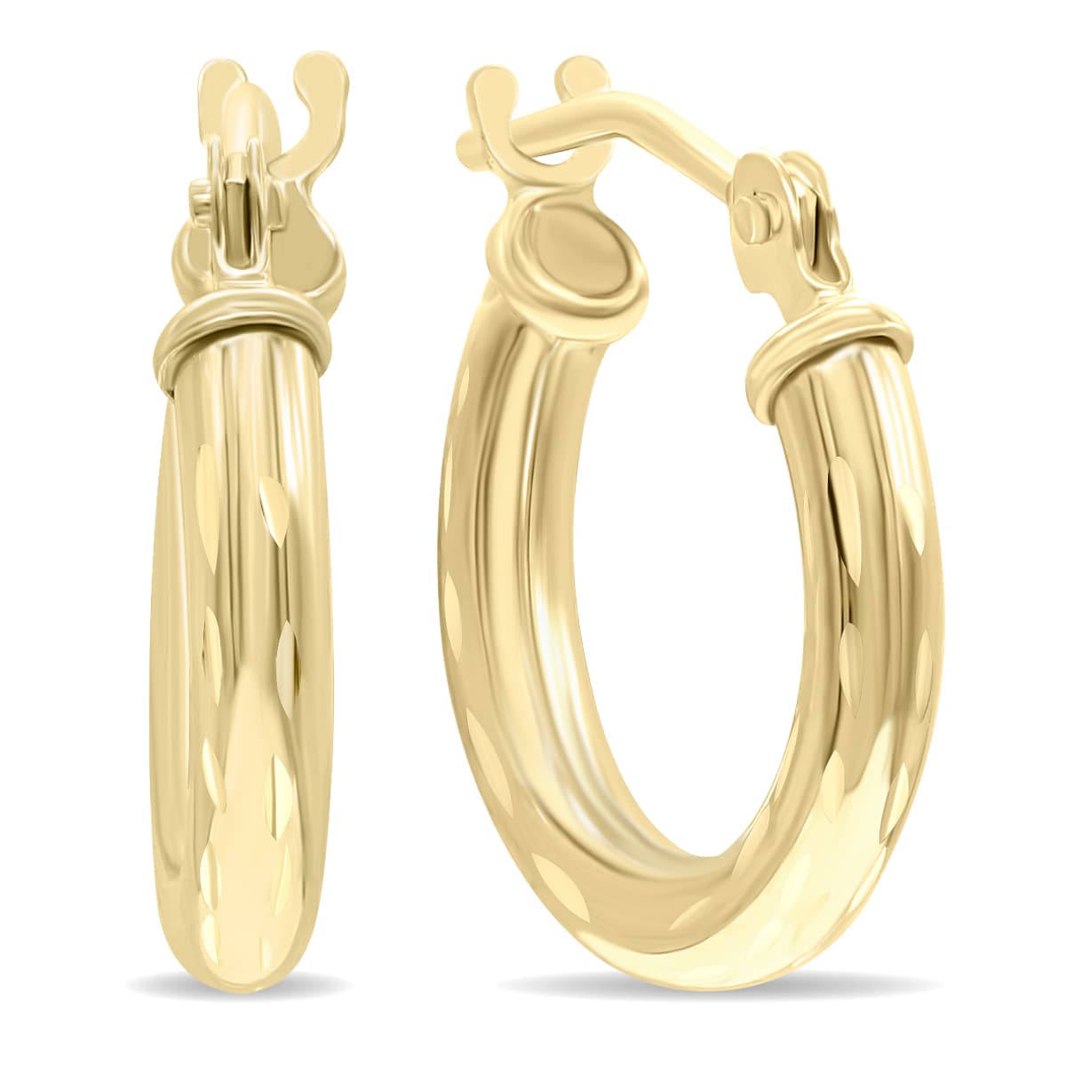 14K Yellow Gold Shiny Diamond Cut Engraved Hoop Earrings (14mm)