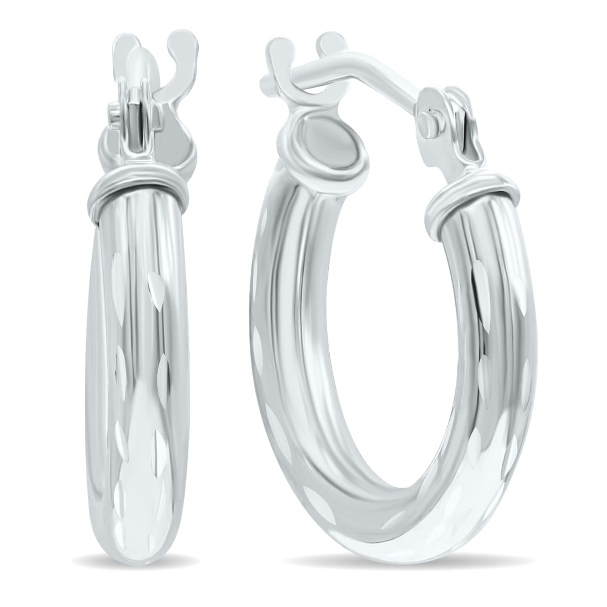 14K White Gold Shiny Diamond Cut Engraved Hoop Earrings (14mm)