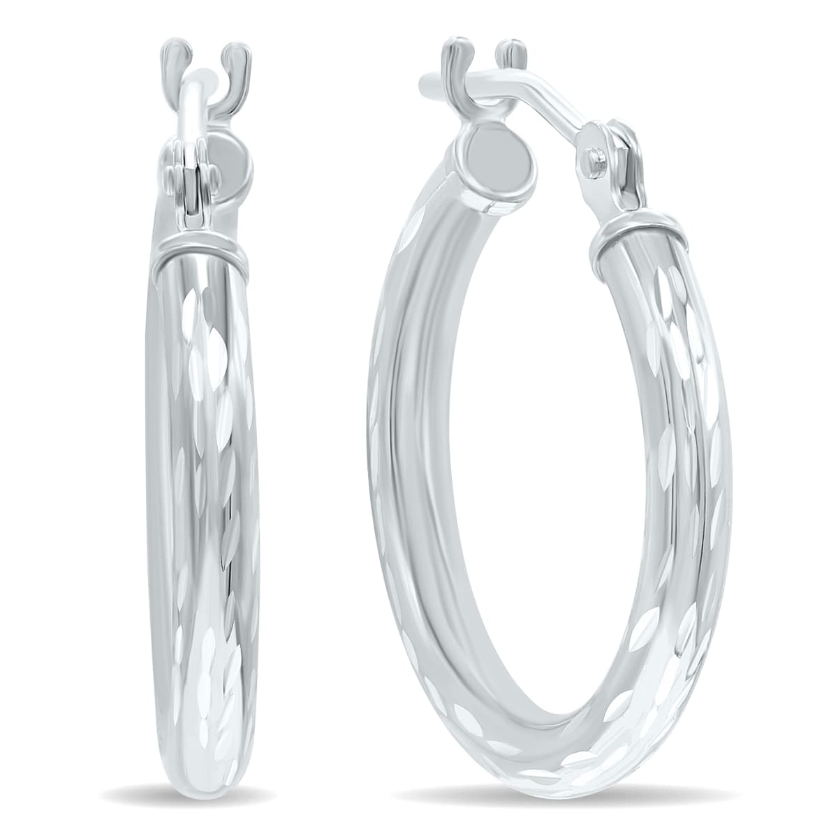 14K White Gold Shiny Diamond Cut Engraved Hoop Earrings (16mm)