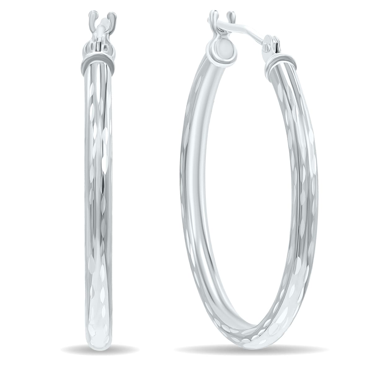 14K White Gold Shiny Diamond Cut Engraved Hoop Earrings (25mm)