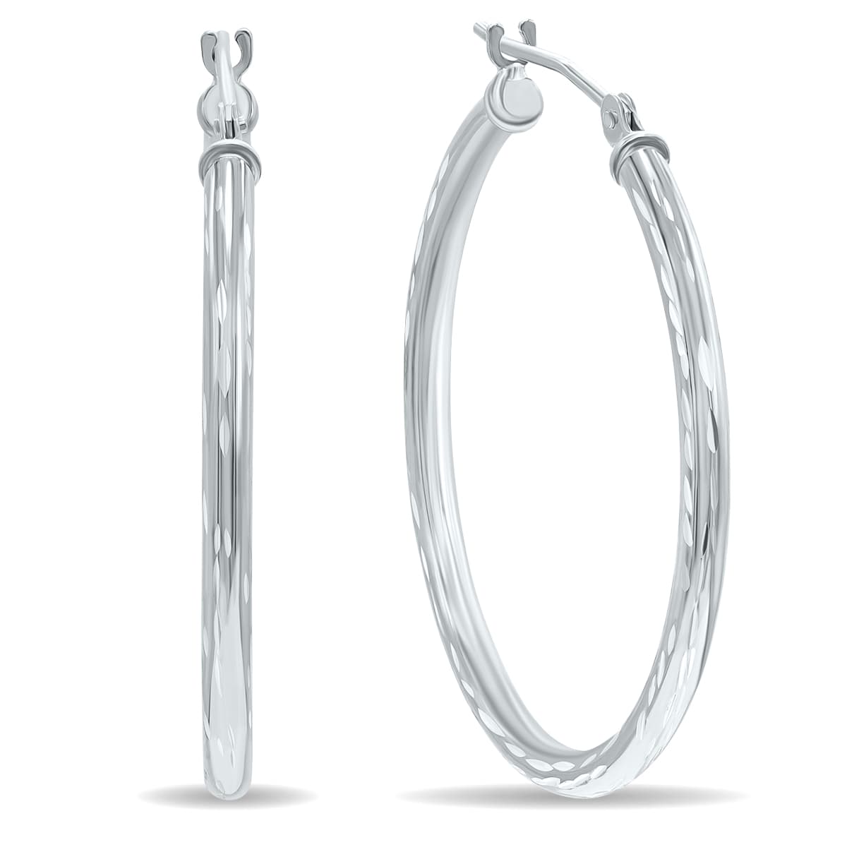 14K White Gold Shiny Diamond Cut Engraved Hoop Earrings (30mm)