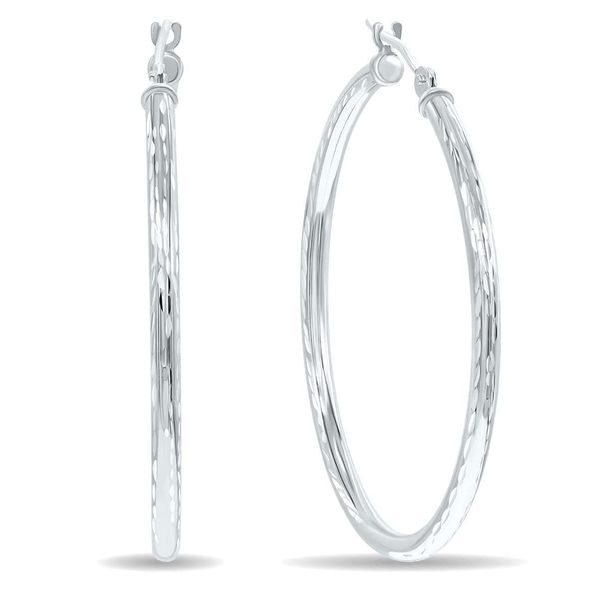14K White Gold Shiny Diamond Cut Engraved Hoop Earrings (35mm)