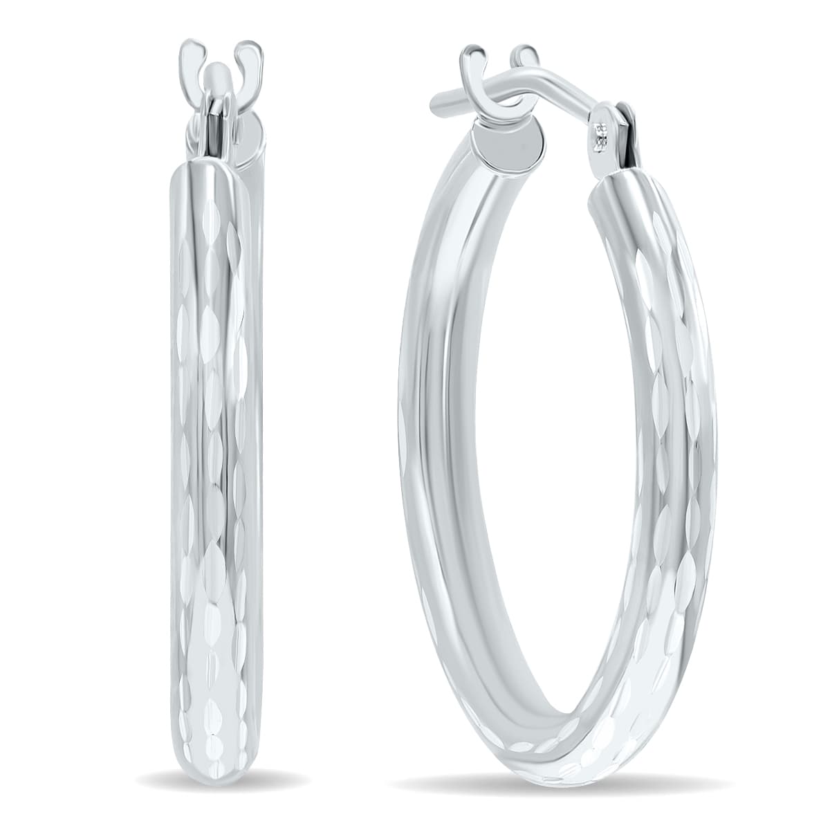 10K White Gold Shiny Diamond Cut Engraved Hoop Earrings (18mm)
