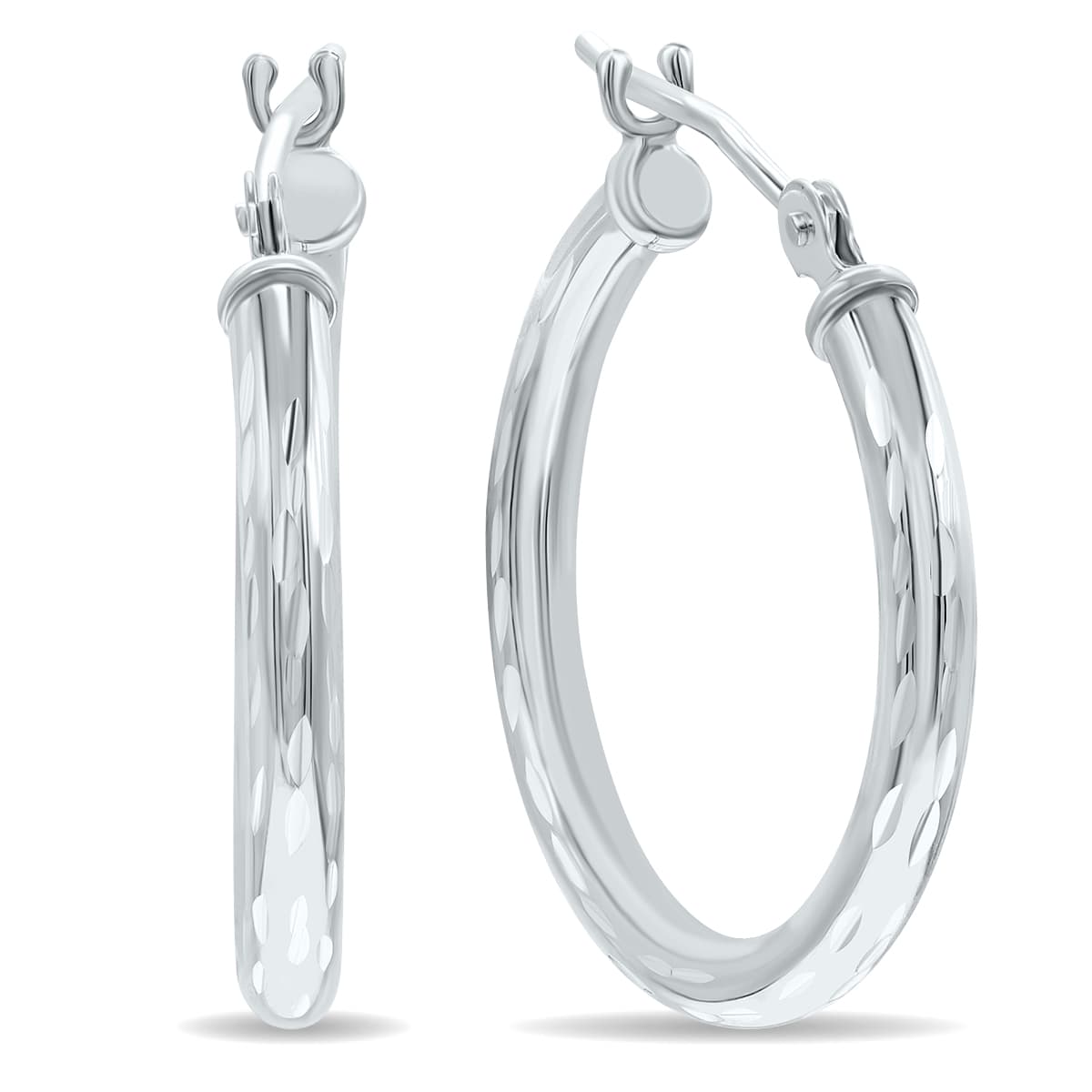 10K White Gold Shiny Diamond Cut Engraved Hoop Earrings (20mm)