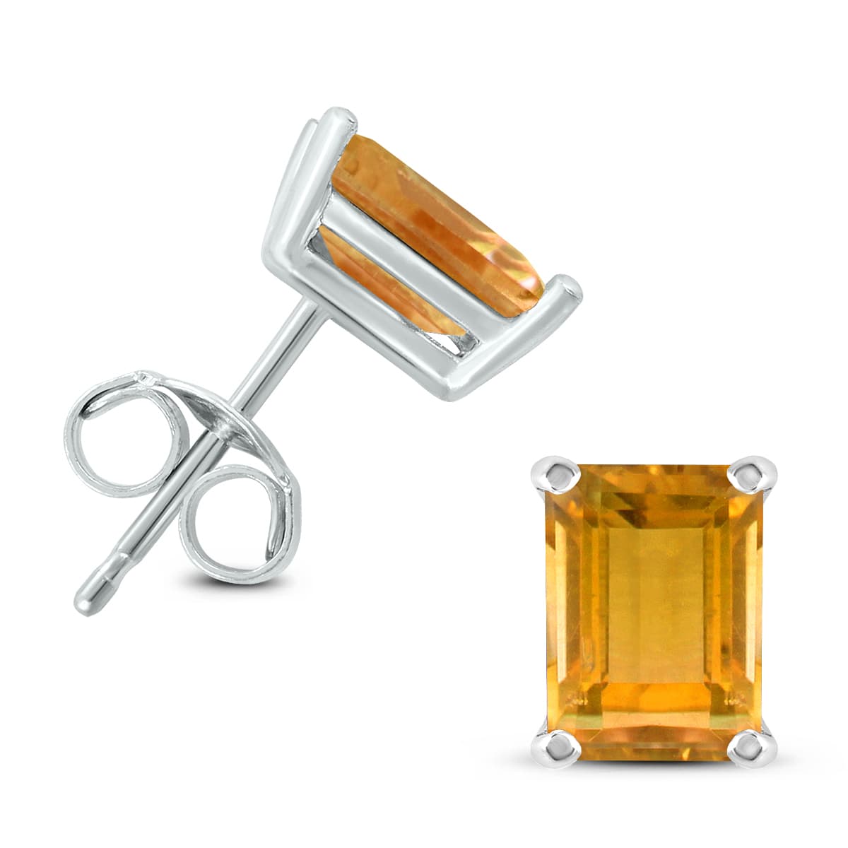 14K White Gold 6x4MM Emerald Shaped Citrine Earrings