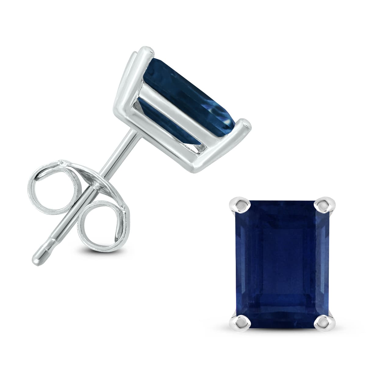 14K White Gold 6x4MM Emerald Shaped Sapphire Earrings