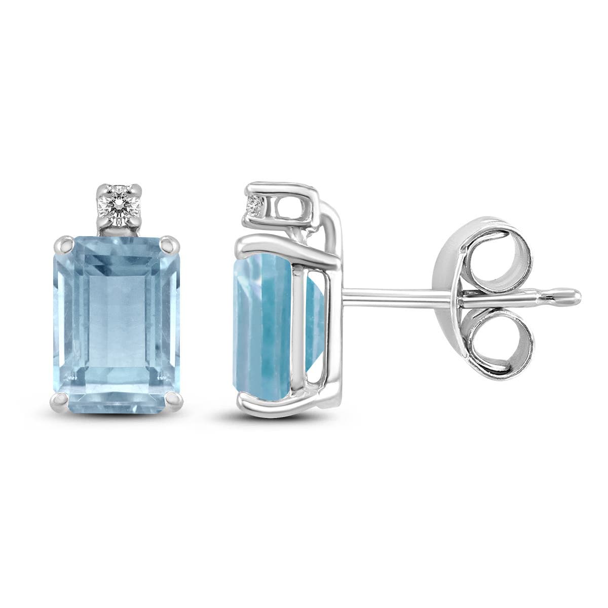 14K White Gold 5x3MM Emerald Shaped Aquamarine and Diamond Earrings