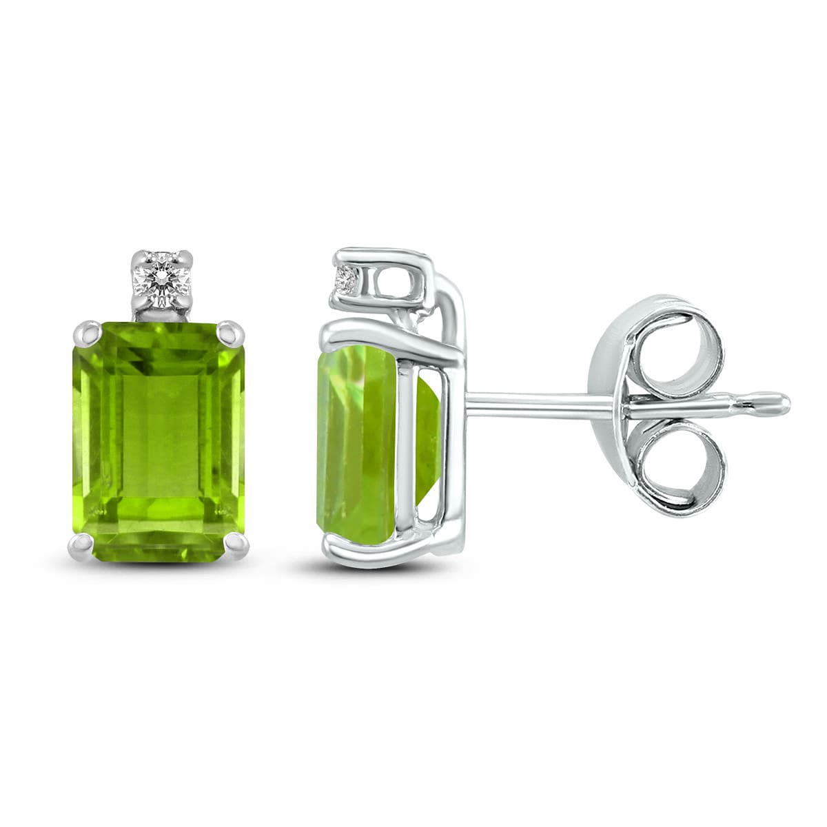 14K White Gold 6x4MM Emerald Shaped Peridot and Diamond Earrings