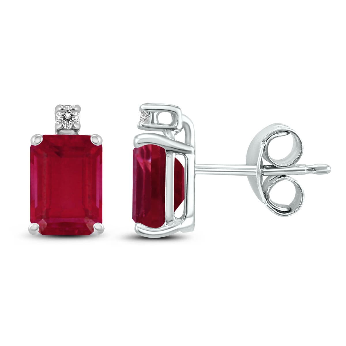 14K White Gold 6x4MM Emerald Shaped Ruby and Diamond Earrings